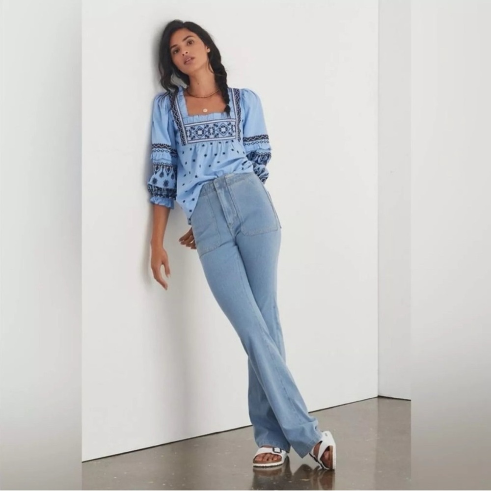 Anthropologie Pilcro The Icon High Rise Patch Pocket Flare Jeans Light Wash